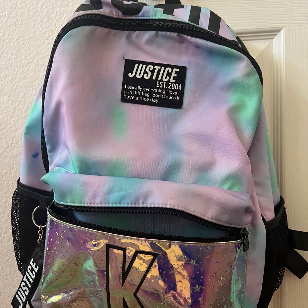 Justitce backpack with letter "K"